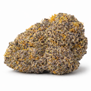 Purple and green Gelato Cake buds covered in sparkling trichomes with dense structure and exceptional bag appeal.