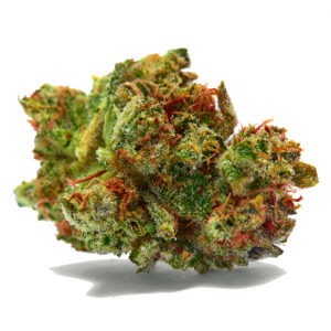 Dense Sour Diesel cannabis buds with bright orange pistils, frosty trichomes, and classic green colouring against a clean background.